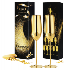 Set Pahare metalice de sampanie Gold Oro în cutie elegantă cadou