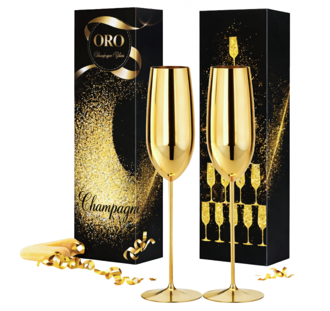 Set Pahare metalice de sampanie Gold Oro în cutie elegantă cadou