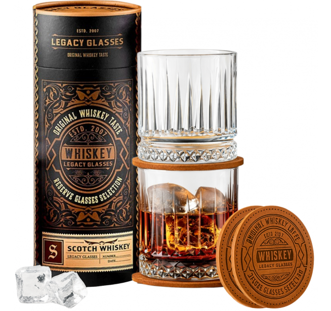 Set pahare de whisky Legacy Glasses cu coastere in cutie eleganta cilindrica